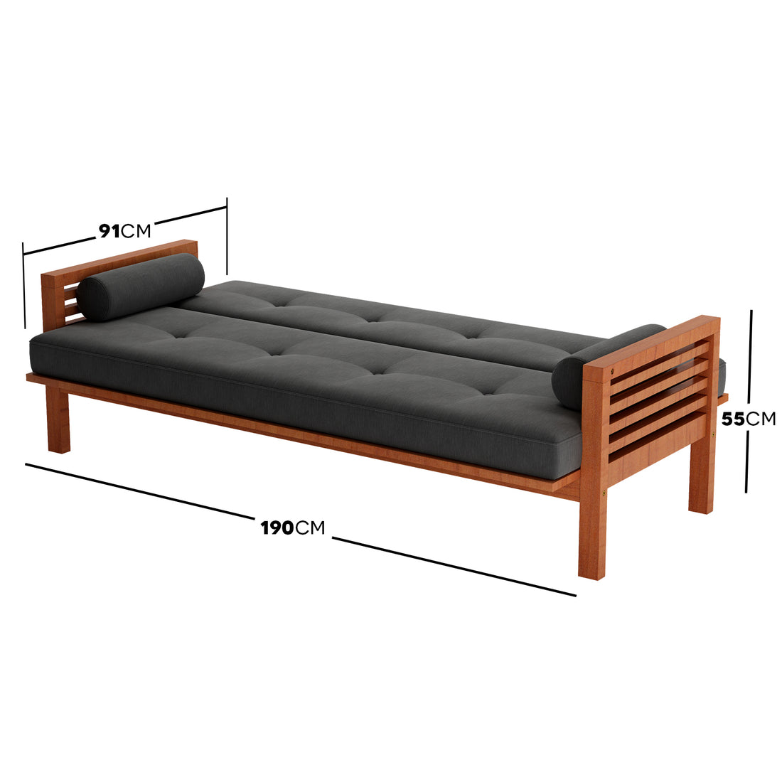 Luxo Meves Timber Outdoor Sofa Bed Black features a close-up of the sturdy Eucalyptus wood frame and plush cushion, showcasing its modern design and functionality as both a sofa and bed.