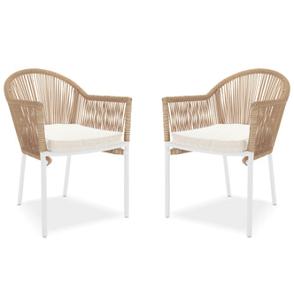 Mindanao PE Wicker Outdoor Dining Chair set features a close-up of wicker texture, cushioned seat, and armrests, highlighting its sturdy design and comfort-focused construction for versatile outdoor or indoor use.