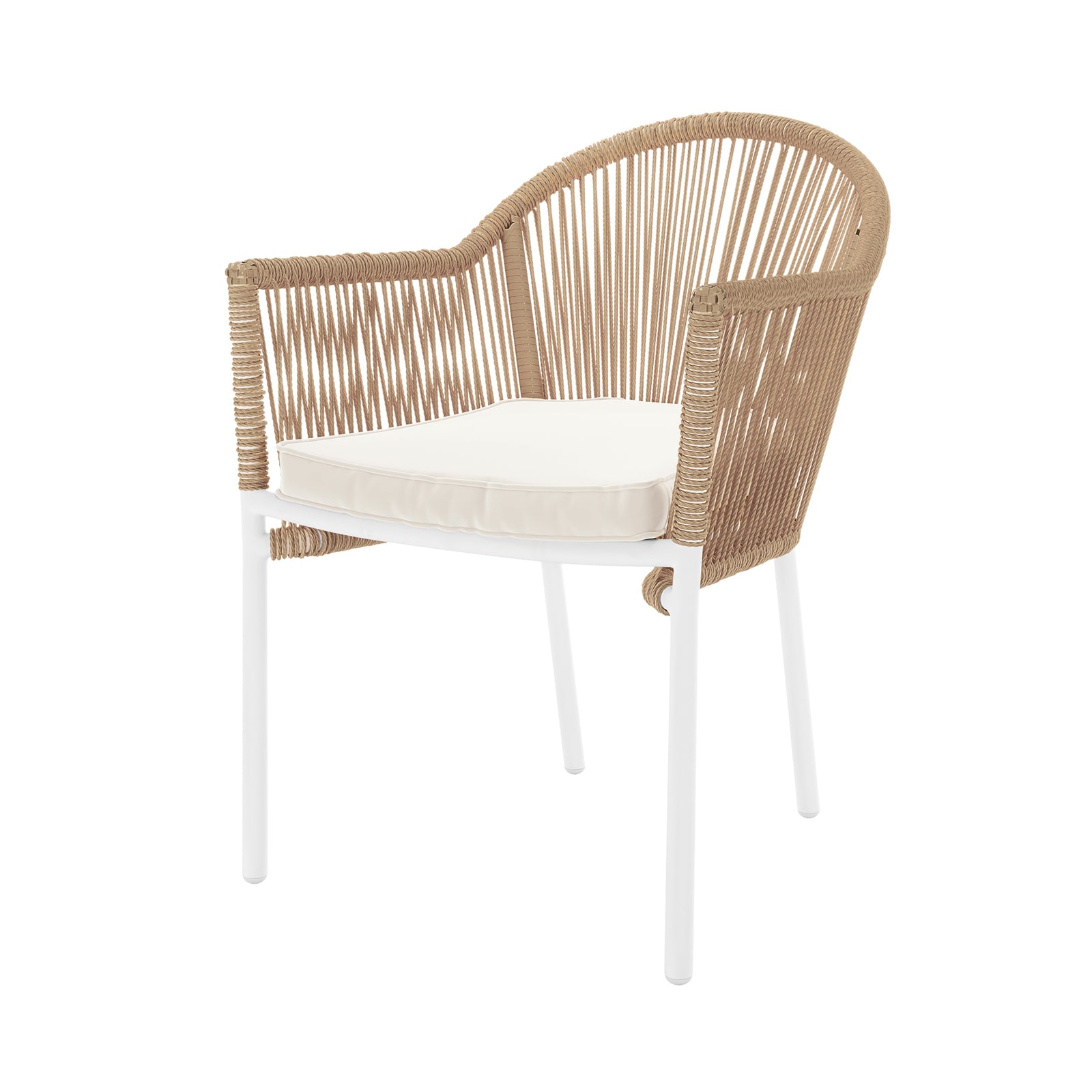 Mindanao PE Wicker Outdoor Dining Chair Set of 2 features a close-up view of a wicker chair with armrests and a cushion, showcasing its durable design suited for indoor and outdoor use.