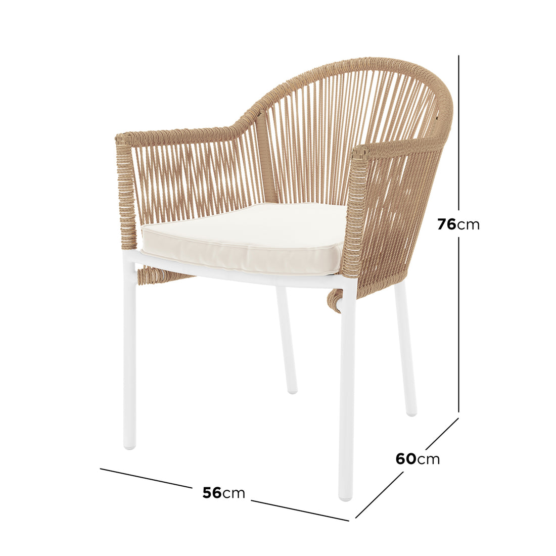 Mindanao PE Wicker Outdoor Dining Chair Set of 2, featuring armrests and beige cushions, crafted from durable twisted PE rattan with a powder-coated aluminum frame, designed for both indoor and outdoor use.