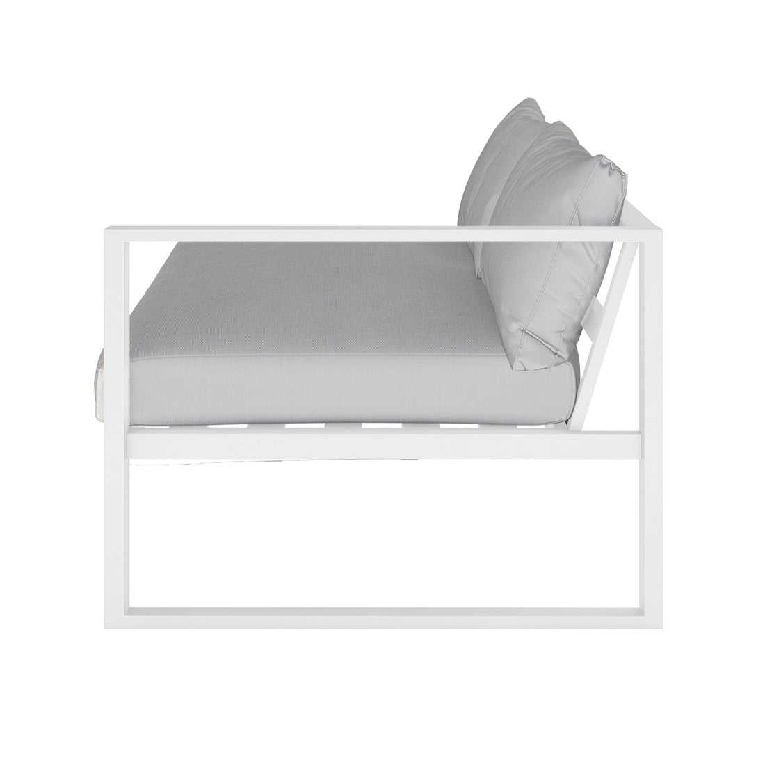 Moana 6 Seater Corner Outdoor Sofa Set in Light Grey features a sleek white metal frame with plush light-gray seat and back cushions, showcasing modern minimalist design for stylish outdoor lounging.