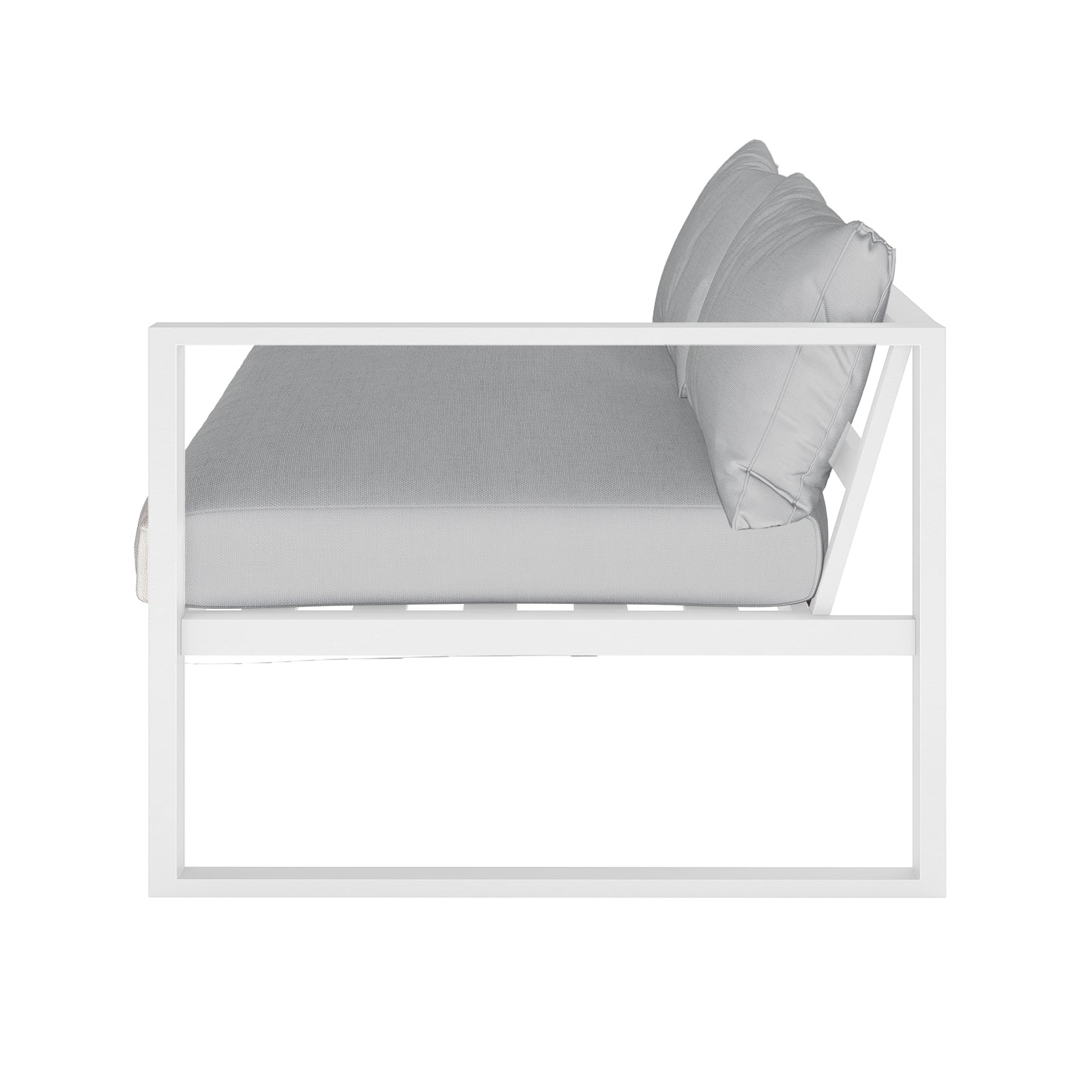 Moana 6 Seater Corner Outdoor Sofa Set in Light Grey features a sleek white metal frame with plush light-gray seat and back cushions, showcasing modern minimalist design for stylish outdoor lounging.