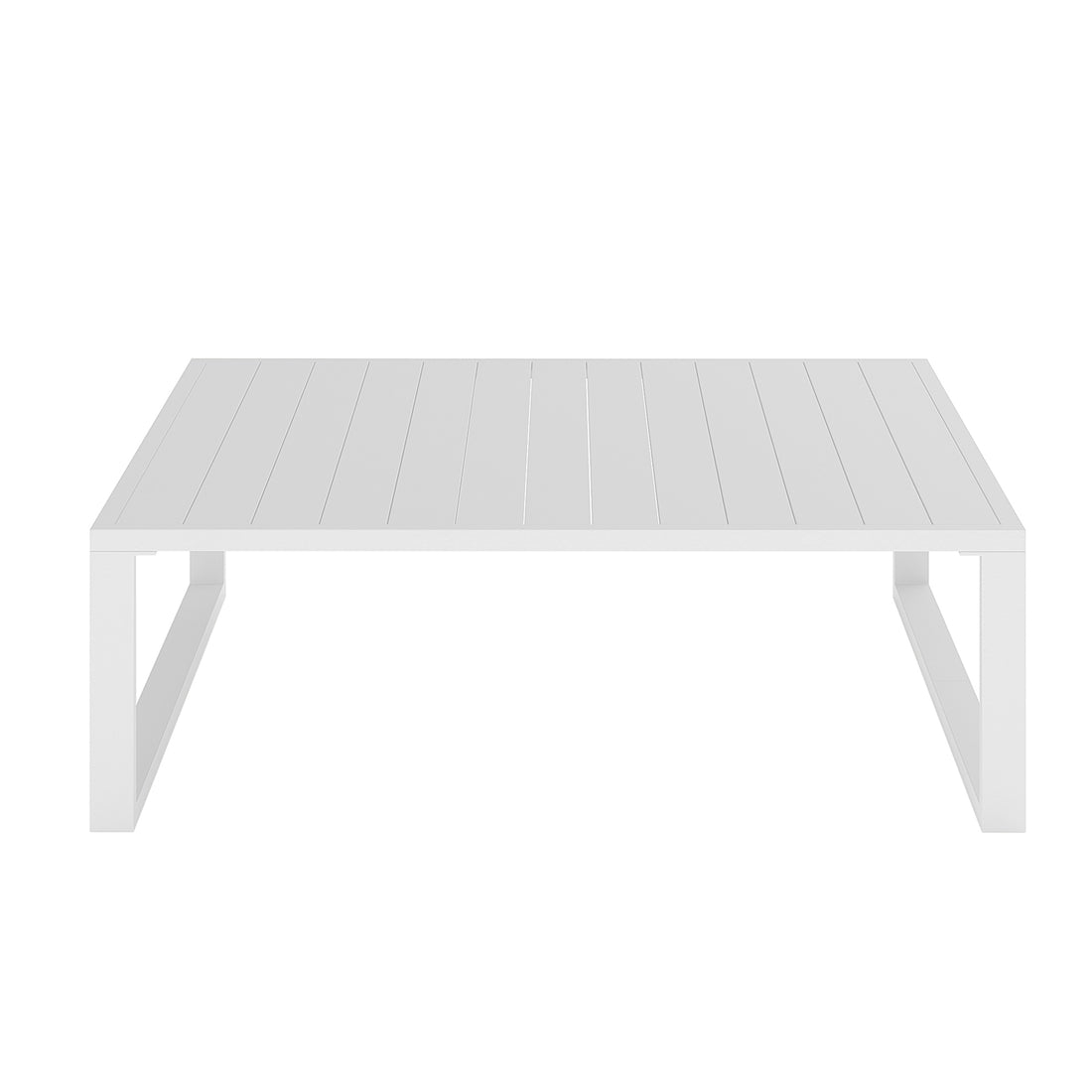 Moana 6 Seater Corner Outdoor Sofa Set in Light Grey features a low, rectangular slatted-top table with open-frame legs, complementing the minimalist, modular design ideal for stylish outdoor relaxation.