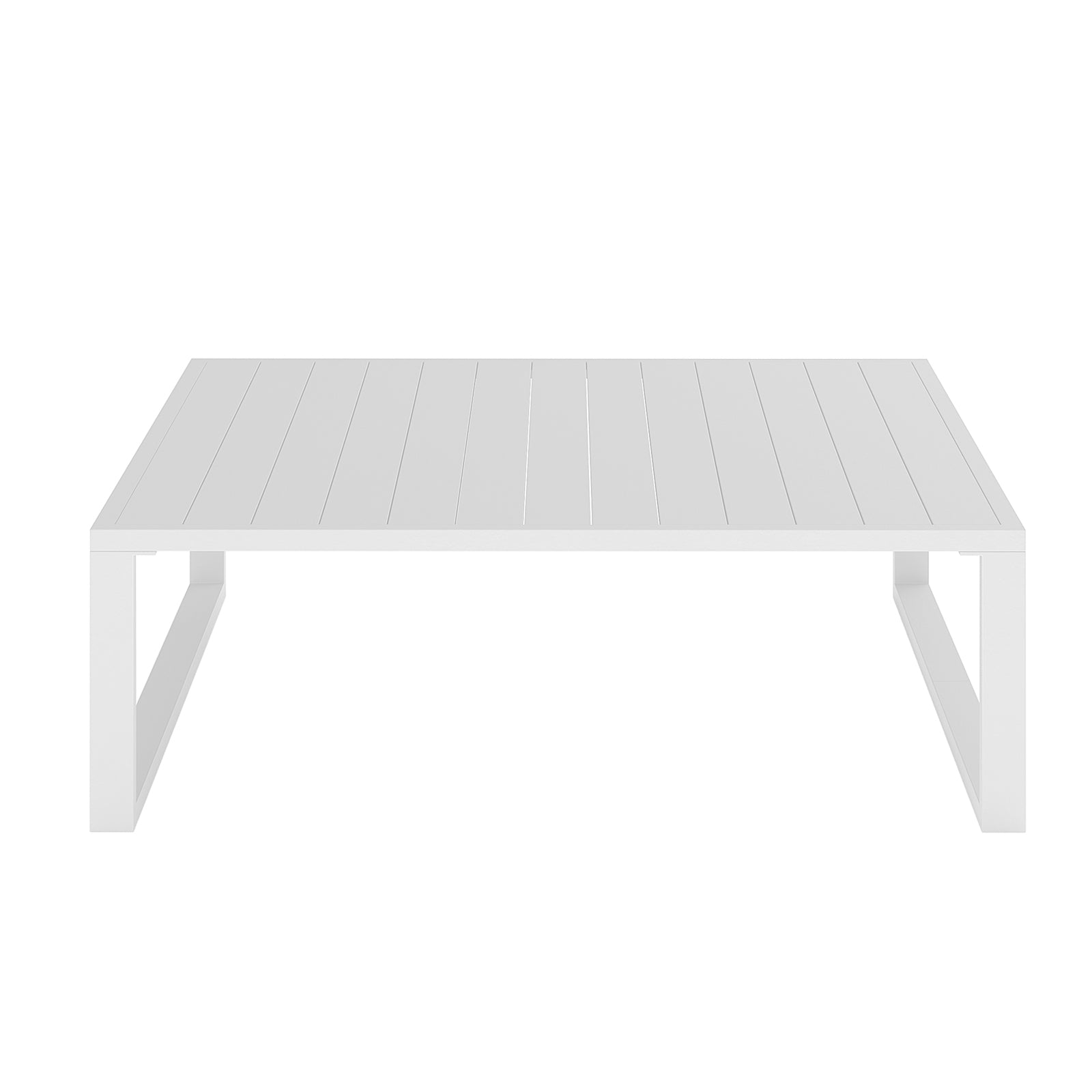 Moana 6 Seater Corner Outdoor Sofa Set in Light Grey features a low, rectangular slatted-top table with open-frame legs, complementing the minimalist, modular design ideal for stylish outdoor relaxation.