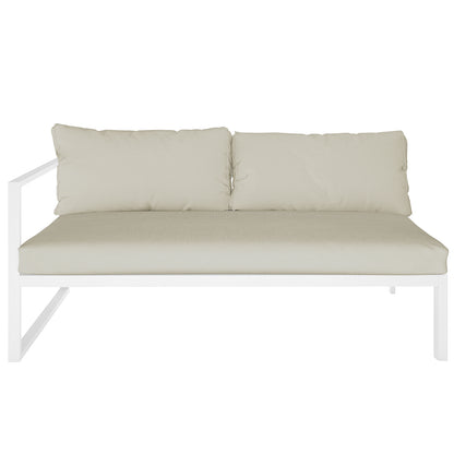 Moana 6 Seater Aluminium Outdoor Corner Sofa Lounge Set Sandy Beige featuring close-up of white couch with plush cushions, ideal for enhancing outdoor comfort and style.