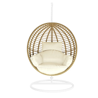 Napili Outdoor Rattan Egg Chair with Cushion in Cream White features a woven rattan shell suspended on a white metal frame, with thick off-white cushions for seating comfort.