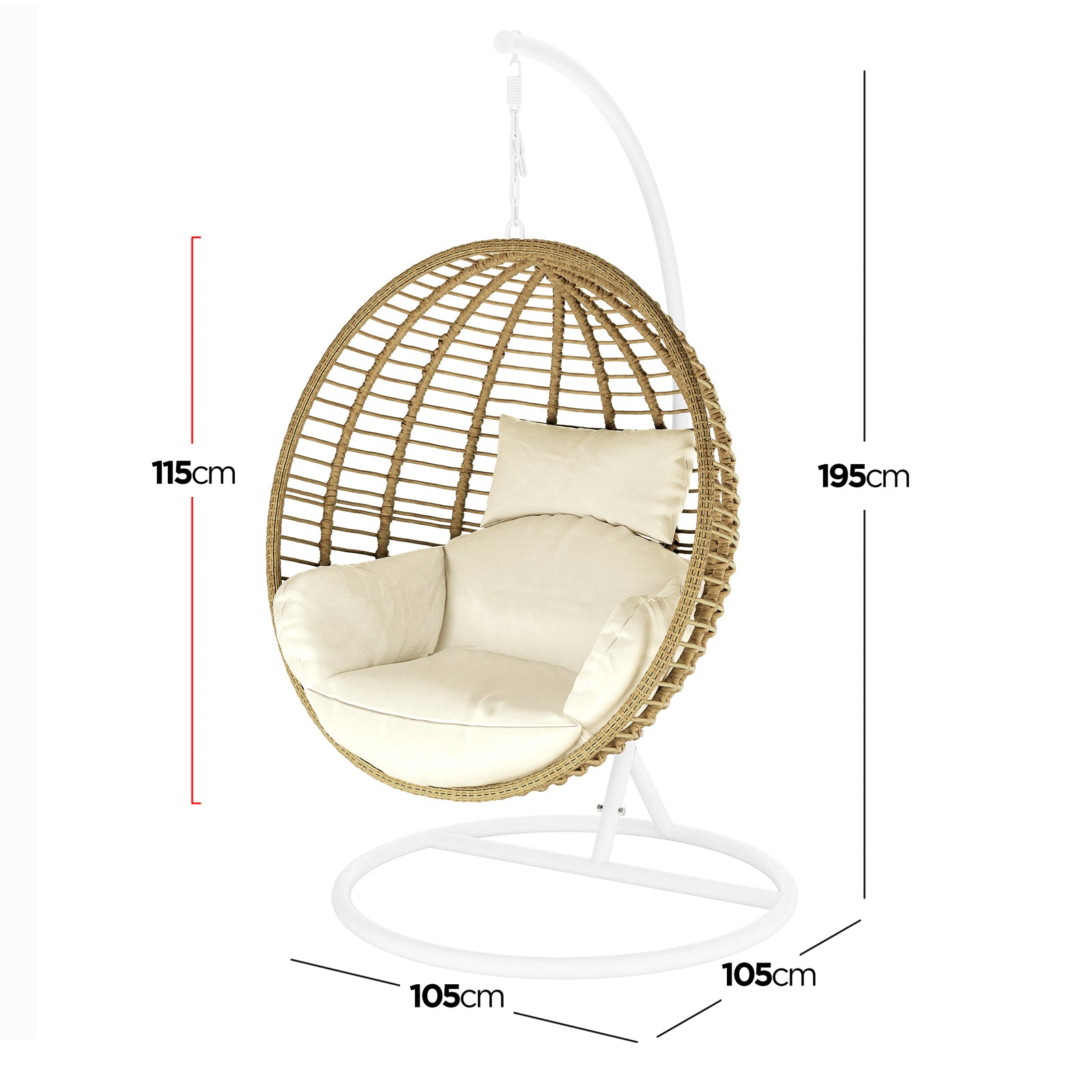 Napili Outdoor Rattan Egg Chair with Cushion in Cream White, featuring a woven rattan design on a white metal frame, complete with thick seat cushion and small back pillow.