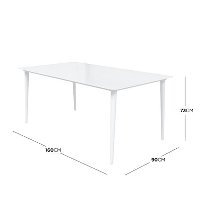 Navarre 6 Seater Aluminium Outdoor Dining Set features a sleek white rectangular table with slim, tapered legs, measuring 160x90x73 cm, designed for modern outdoor dining and entertaining.