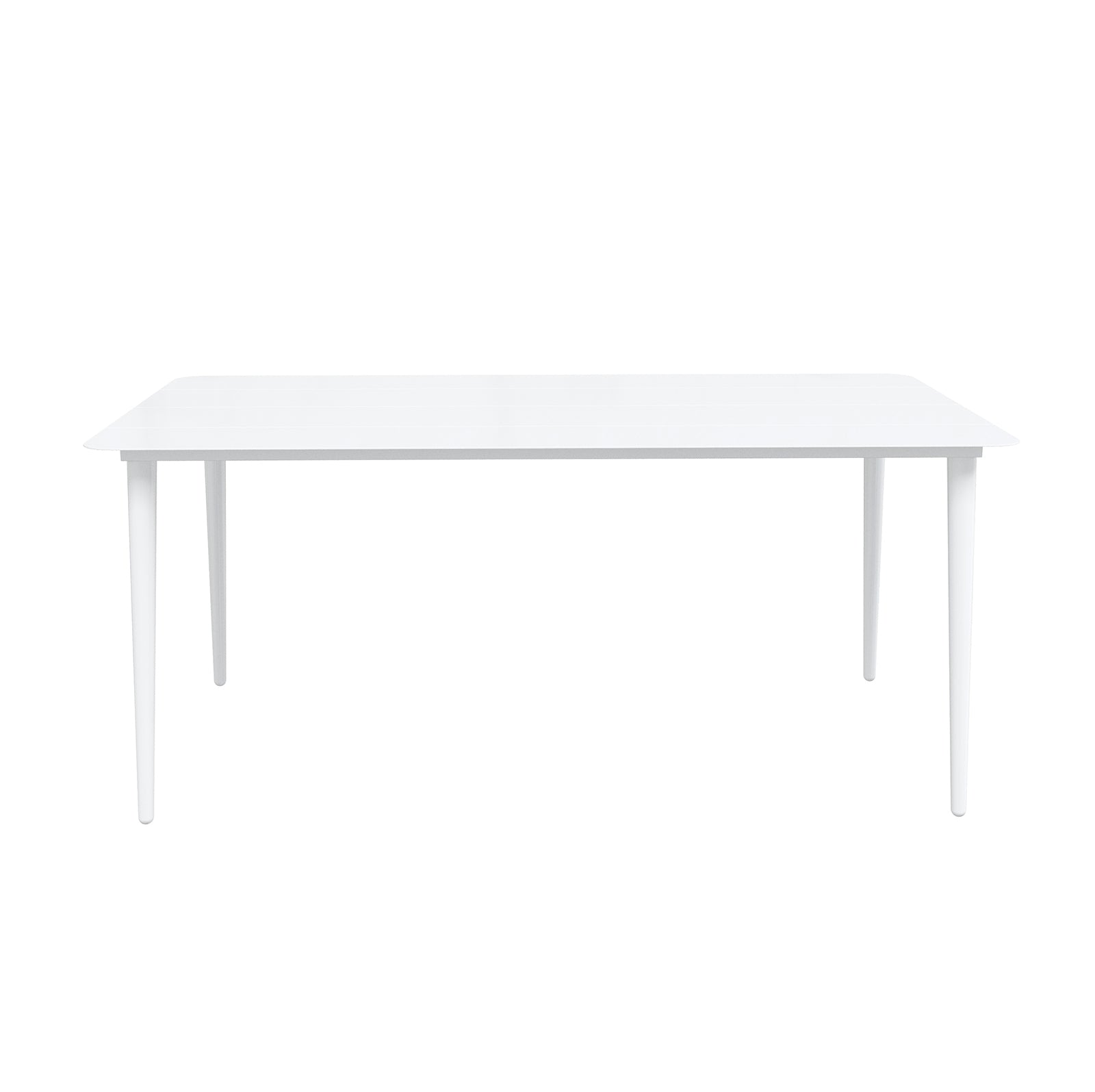 Navarre 6 Seater Aluminium Outdoor Dining Set features a minimalist white rectangular table with slender, tapered legs, complemented by sleek wicker-covered chairs, enhancing any outdoor living space with modern elegance.
