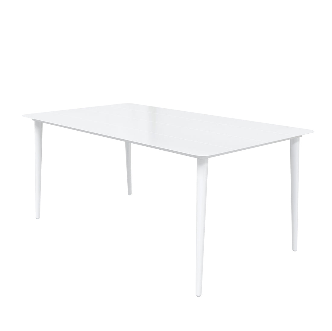 Navarre 6 Seater Aluminium Outdoor Dining Set in Natural, featuring a sleek white rectangular table with slightly tapered legs, perfect for enhancing outdoor spaces with modern elegance.