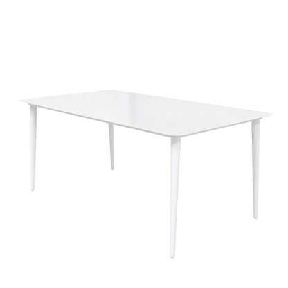 Navarre 6 Seater Aluminium Outdoor Dining Set in Natural, featuring a sleek white rectangular table with slightly tapered legs, perfect for enhancing outdoor spaces with modern elegance.