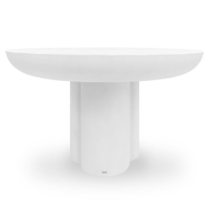 Oberon 120cm Round Outdoor Concrete Dining Table White features a thick, round tabletop and a clustered cylindrical base with several fused pillars, showcasing a minimalist design against a plain backdrop.