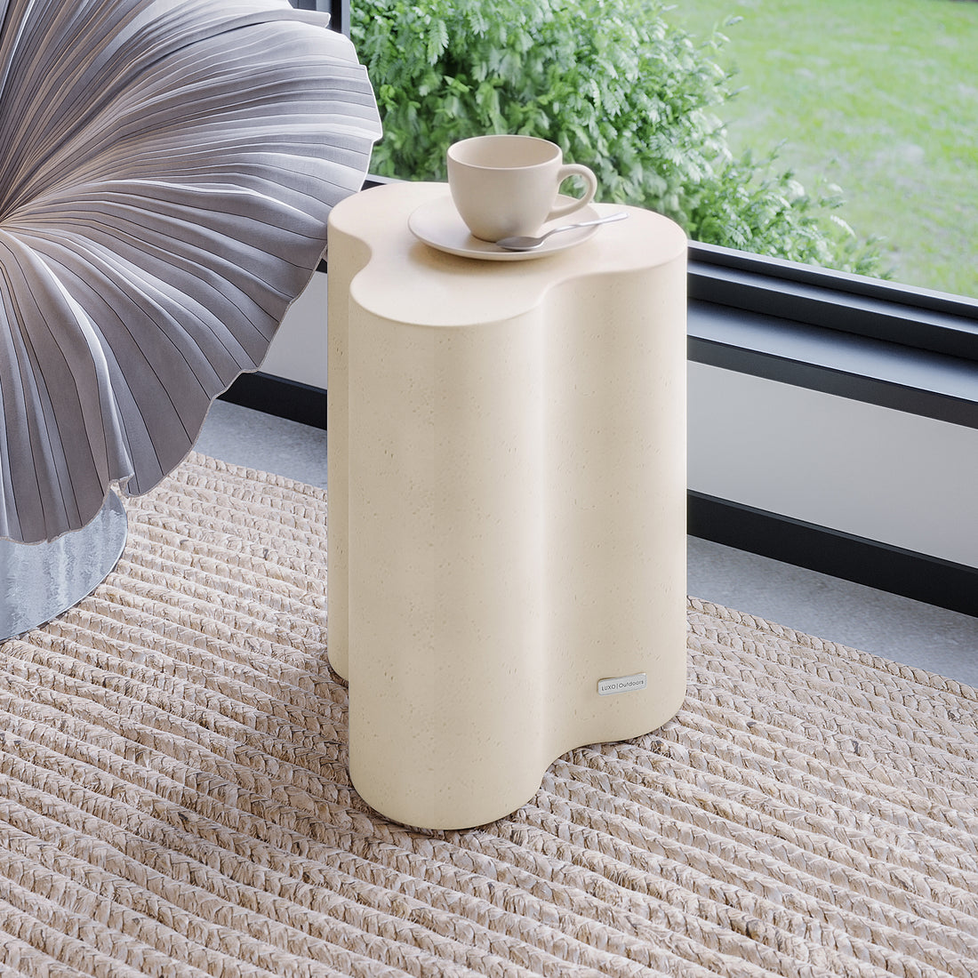Odalys Antique White Concrete Side Table styled in a modern living room, ideal for indoor outdoor use - Lifestyle