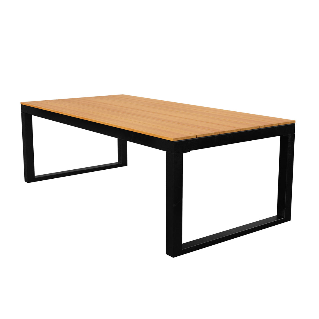 Panaluu 5-Seater Aluminium Corner Outdoor Lounge in Grey, featuring a modern light-wood coffee table with a natural grain finish and black metal U-shaped legs, complementing the elegant lounge set.