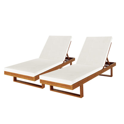 Pair of Panay Solid Timber Outdoor Sun Lounger Set of 2 in Cream Timber, featuring wooden frames, white cushions, and adjustable backrests, showcasing elegant acacia wood craftsmanship in a sleek, durable design.
