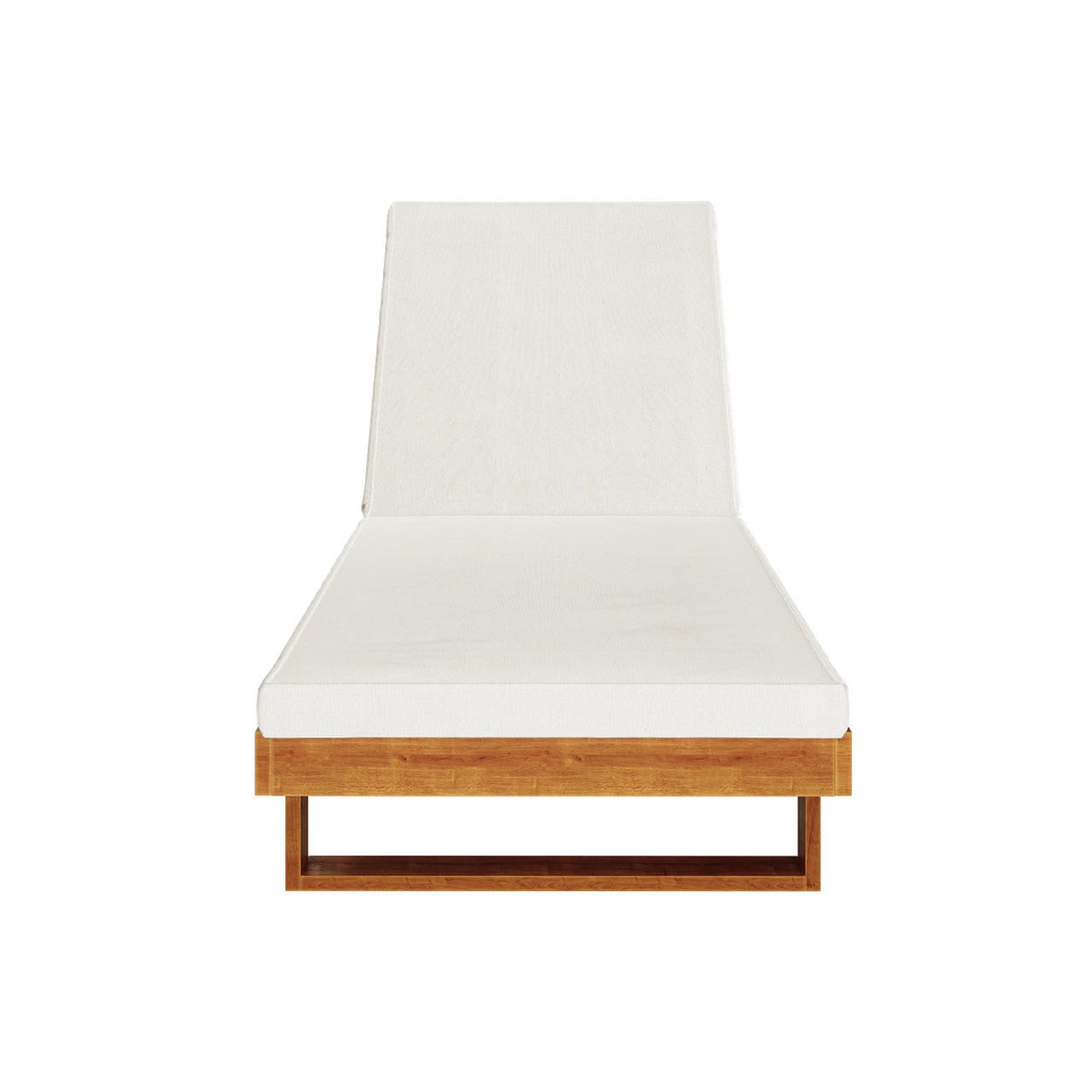 Panay Solid Timber Outdoor Sun Lounger Set of 2 in Cream Timber features a minimalist wooden frame with white cushions, an angled backrest, and a sturdy, weather-resistant design for elegant outdoor relaxation.