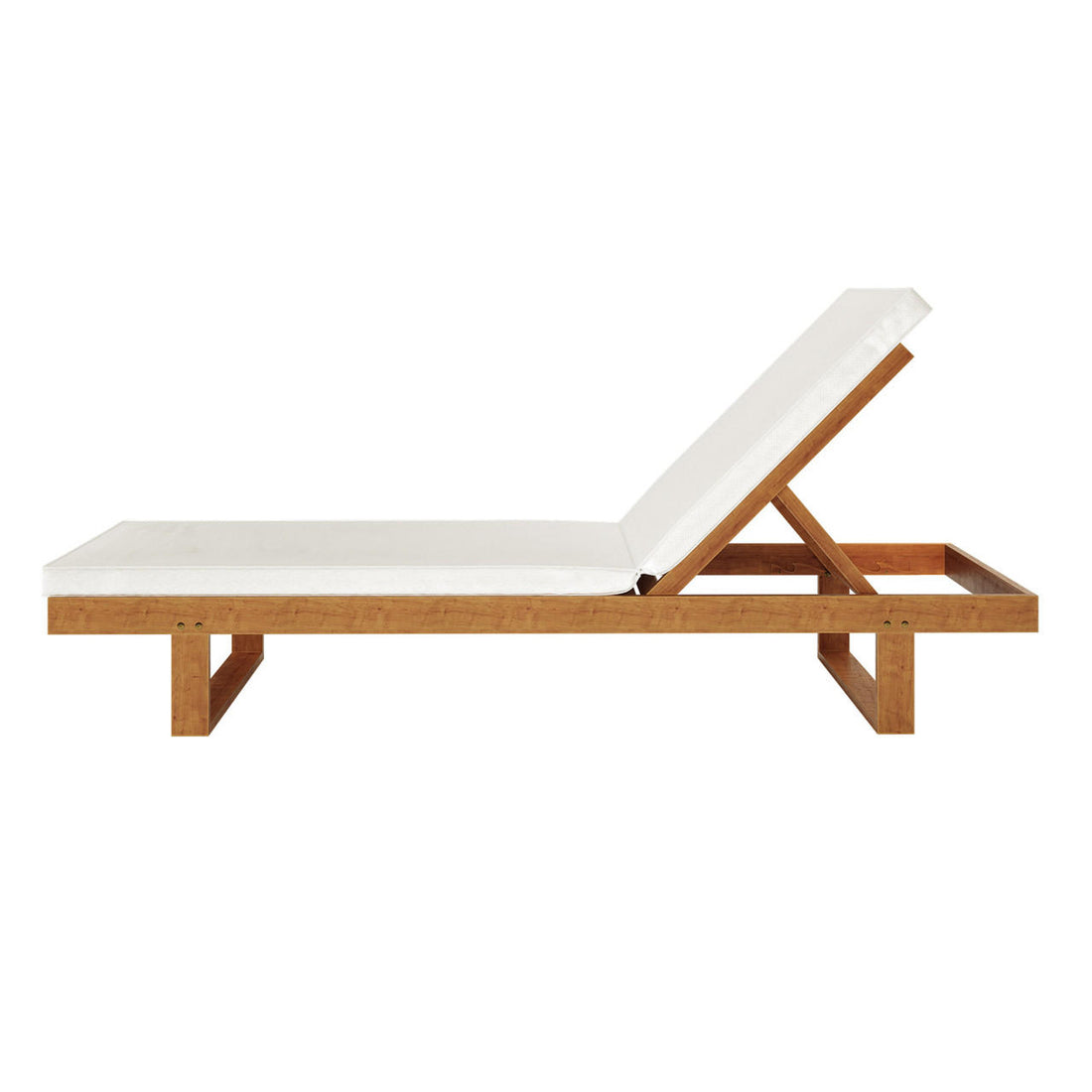 Panay Solid Outdoor Sun Lounger Set of 2 in Cream Timber features a minimalist wooden frame with adjustable backrest and white cushion, showcasing its elegant design and natural warm wood finish.