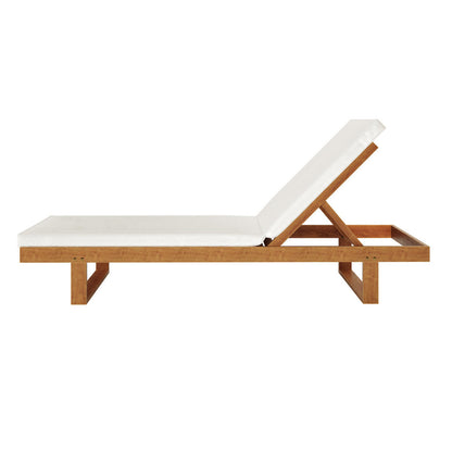 Panay Solid Outdoor Sun Lounger Set of 2 in Cream Timber features a minimalist wooden frame with adjustable backrest and white cushion, showcasing its elegant design and natural warm wood finish.