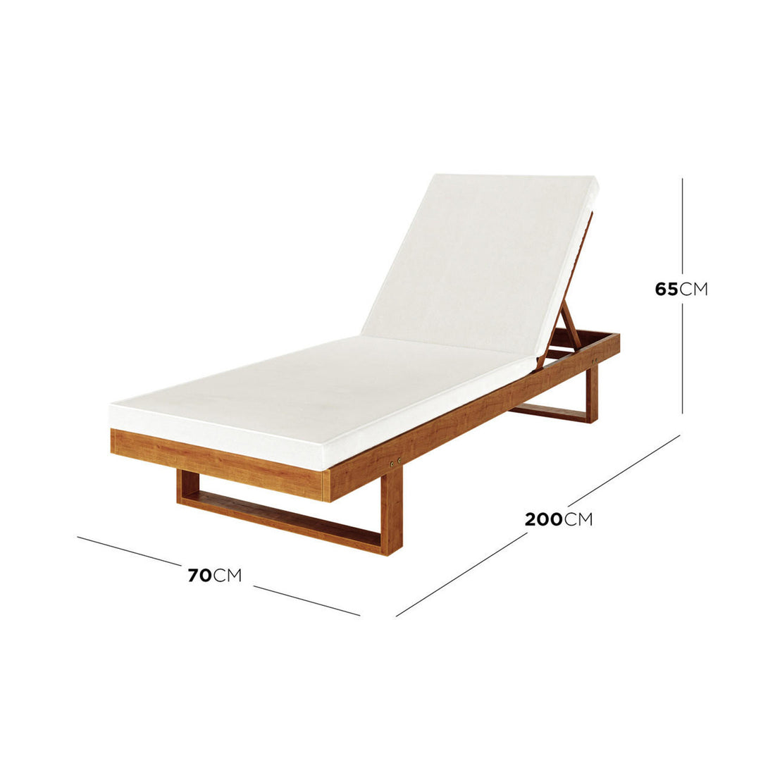 Panay Solid Timber Outdoor Sun Lounger Set of 2 features a wooden frame with a white cushion, measuring 200 cm in length, 70 cm in width, and 65 cm maximum backrest height.