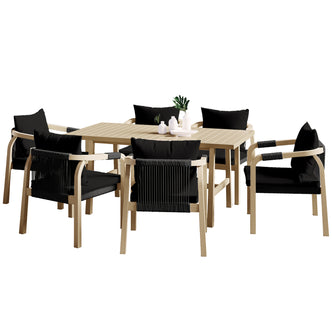 Pangee 6-Seater Timber Outdoor Dining Set with chairs arranged around a table, featuring elegant curves and webbed seating, complemented by a plant in a vase, perfect for stylish alfresco dining.
