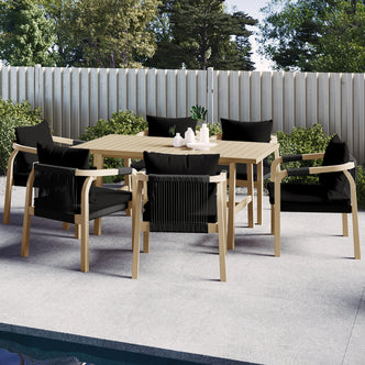 Pangee 6-Seater Timber Outdoor Dining Set on a patio, featuring a sturdy wooden table and comfortable chairs with soft webbed seating, ideal for stylish Mediterranean dining and entertaining outdoors.