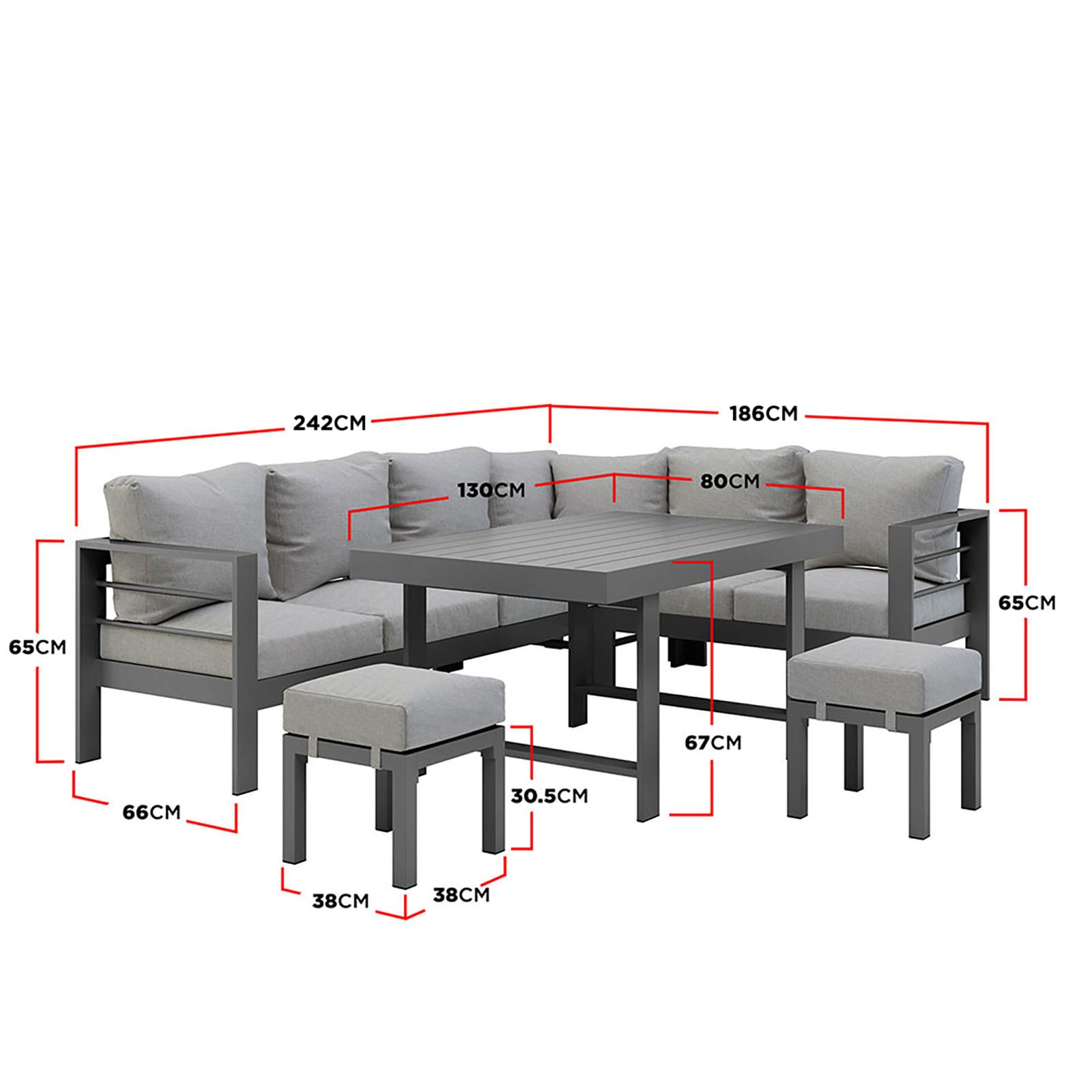 Portland Outdoor Corner Sofa Lounge with Footstools, showcasing plush 10cm seat cushions on a sturdy, rust-resistant powder-coated aluminium frame, ideal for stylish outdoor relaxation and entertaining.