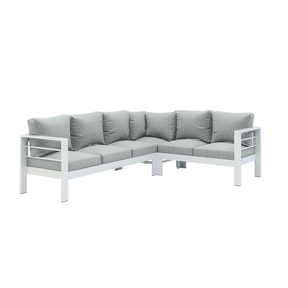 Close-up of the Portland Outdoor Corner Sofa Lounge with Footstools, showcasing plush, thick seat cushions on a durable, powder-coated aluminium frame, emphasizing comfort and modern design for outdoor settings.