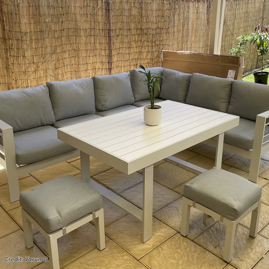 Portland Outdoor Corner Sofa Lounge with Foot Stools in White & Grey