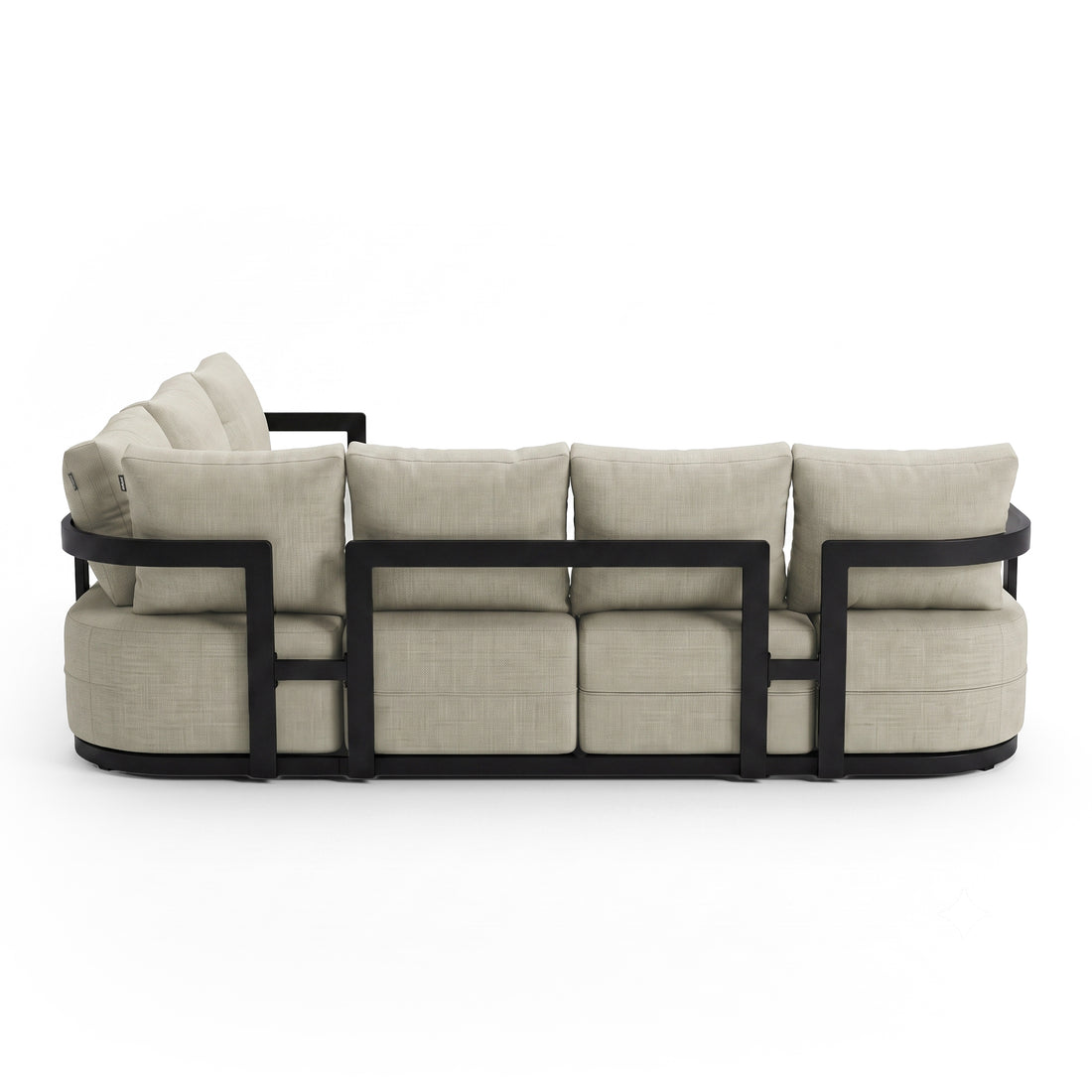 Back view of a modern sofa with black geometric frame on a white background