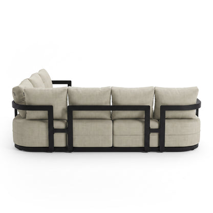 Back view of a modern sofa with black geometric frame on a white background