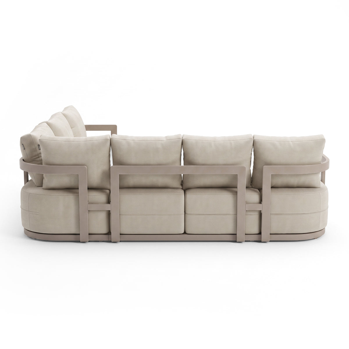 Back view of a beige sofa with wooden frame on a white background