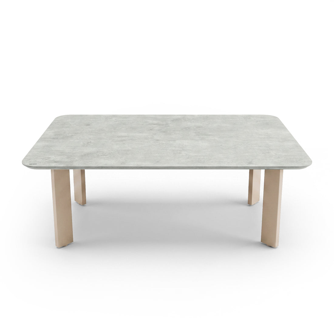 Rectangular table with light top and wood legs on a white background