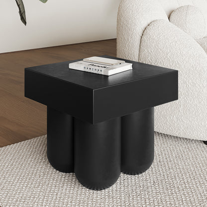 Rissa Indoor & Outdoor Cone Base Concrete Side Table on a coffee table, showcasing its sleek square tabletop and four cone-shaped legs, highlighting its modern design suitable for versatile indoor and outdoor use.