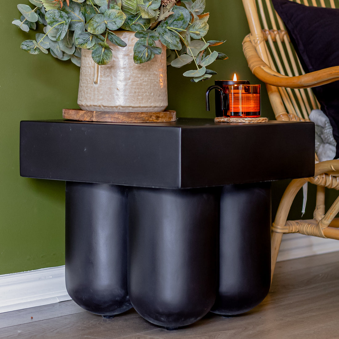 Rissa Indoor & Outdoor Cone Base Concrete Side Table Black, featuring a sleek cylindrical design with a square tabletop supported by four cone-shaped legs, ideal for stylish indoor or outdoor settings.