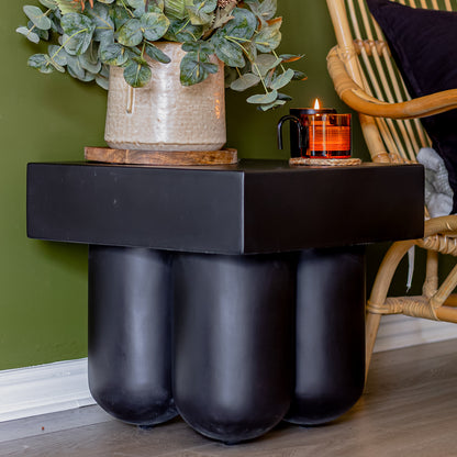 Rissa Indoor & Outdoor Cone Base Concrete Side Table Black, featuring a sleek cylindrical design with a square tabletop supported by four cone-shaped legs, ideal for stylish indoor or outdoor settings.