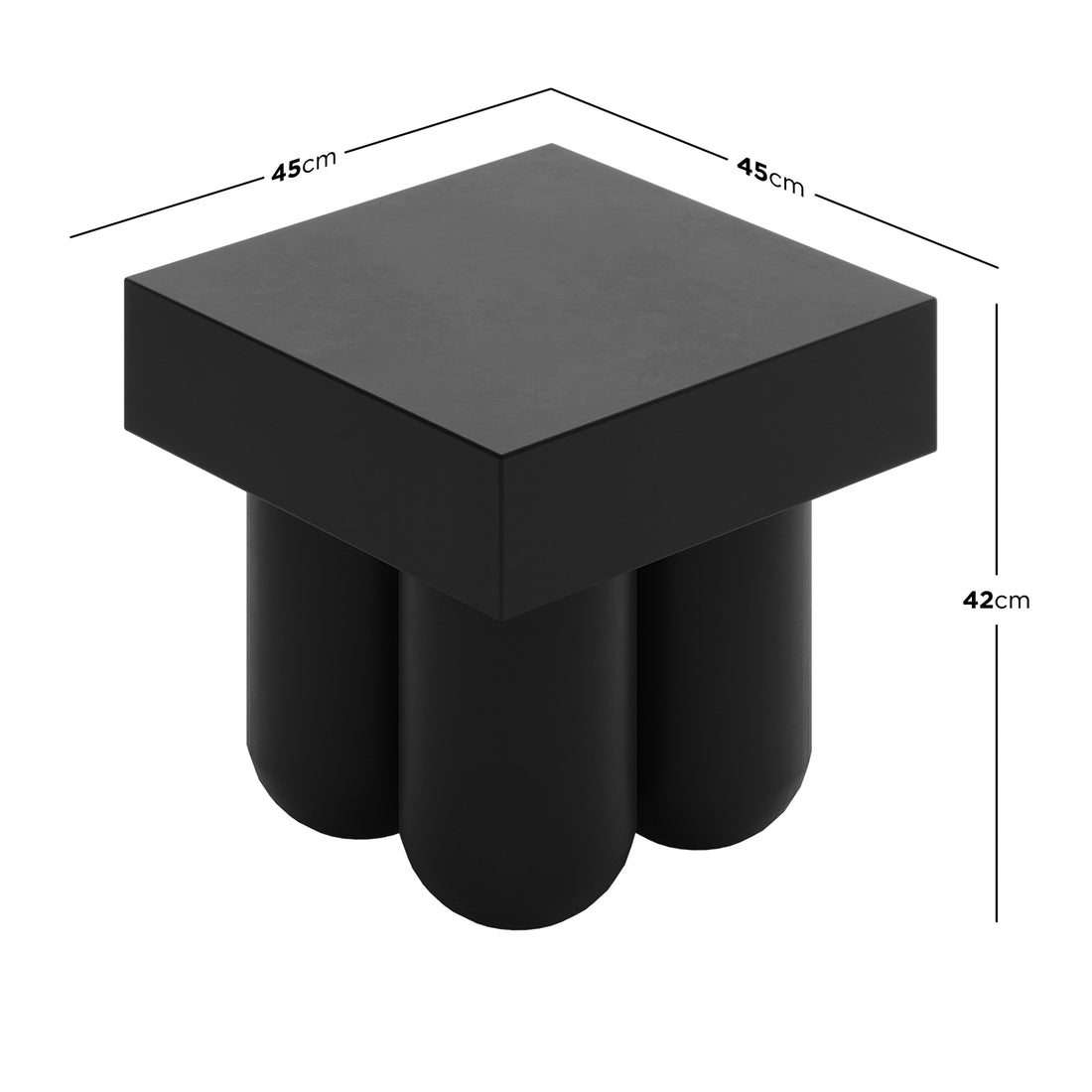 Rissa Indoor & Outdoor Cone Base Concrete Side Table Black features a sleek, square tabletop with a white-bordered black finish, supported by four cone-shaped legs, ideal for versatile indoor and outdoor use.