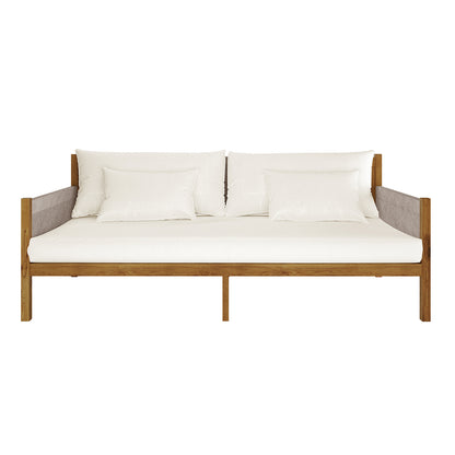 Savin 4-Seater Hardwood Outdoor Sofa Set in Beige features a minimalist wooden frame with white upholstered cushions and woven panels, offering a modern and spacious seating solution.