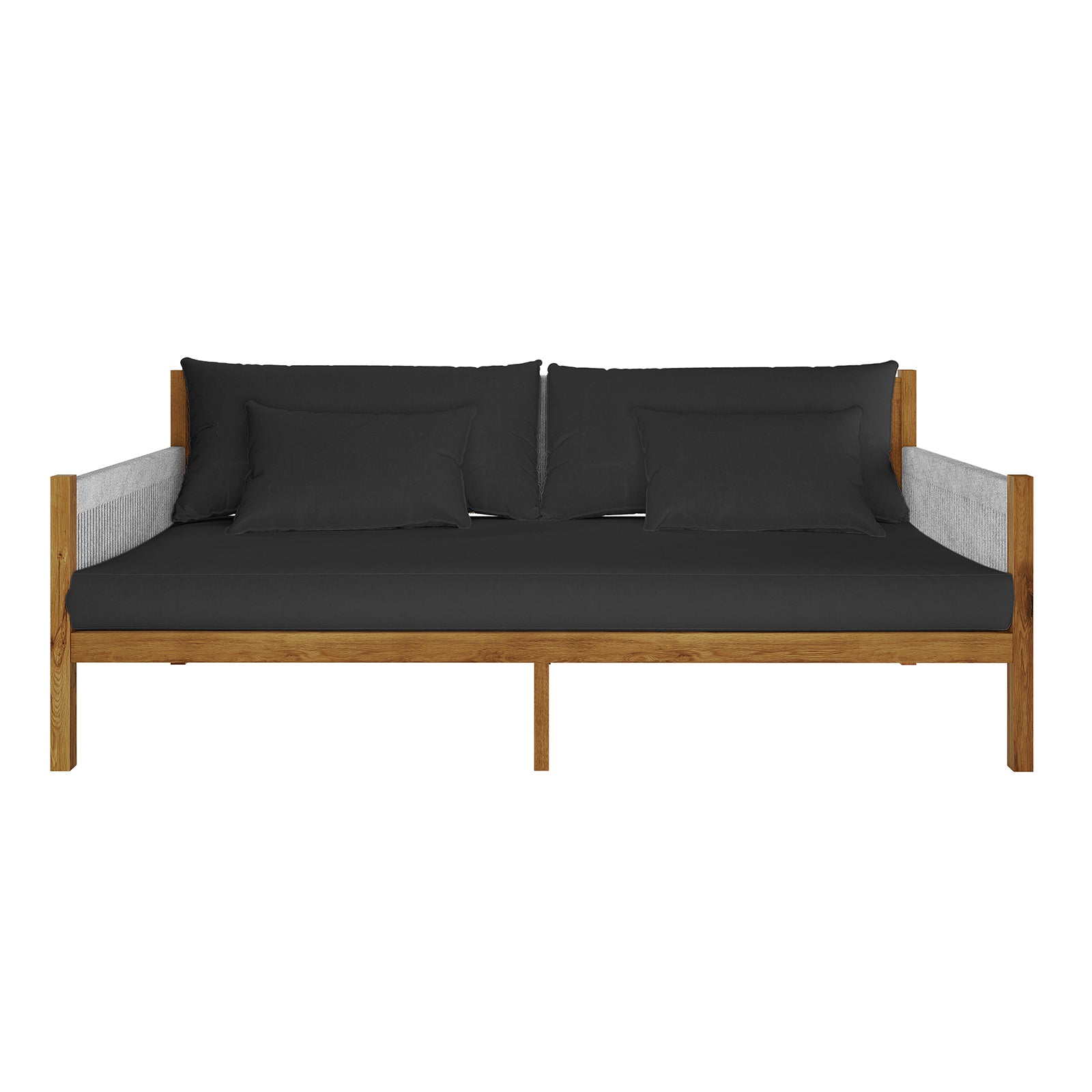 Savin 4-Seater Hardwood Outdoor Sofa Set in Light Grey features a medium-tone oak frame with charcoal-black cushions and light-gray woven side panels, offering a minimalist, contemporary look for outdoor spaces.