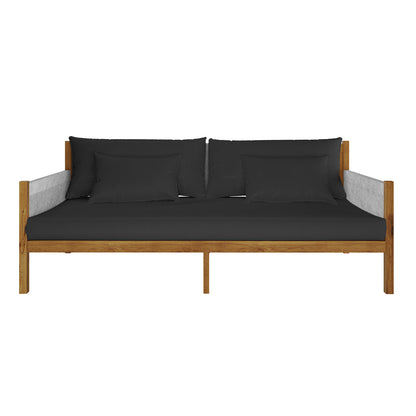 Savin 4-Seater Hardwood Outdoor Sofa Set in Light Grey features a medium-tone oak frame with charcoal-black cushions and light-gray woven side panels, offering a minimalist, contemporary look for outdoor spaces.
