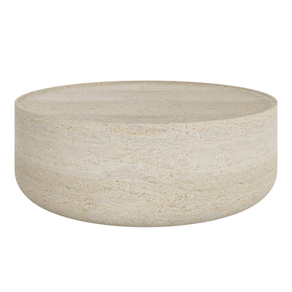 Savin & Myrtle Outdoor Sofa Set with Coffee Table in Beige, featuring a cylindrical beige stone coffee table with a simple round top and gently rounded sides, designed for stylish outdoor elegance.