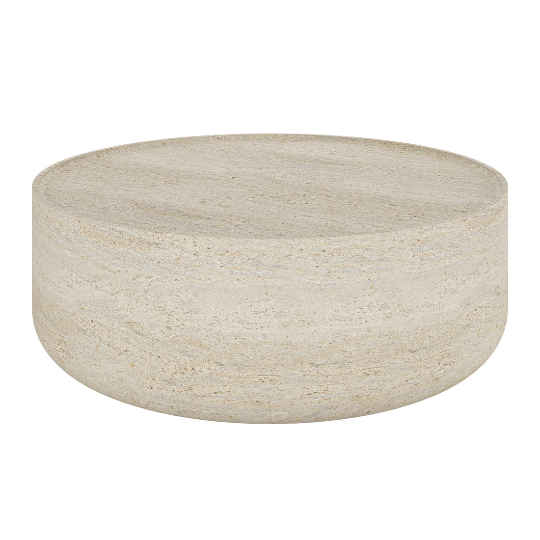 Savin & Myrtle Outdoor Sofa Set with Coffee Table features a round, light-beige stone coffee table with a flat top and rounded sides, complementing the elegant and durable outdoor furniture ensemble.