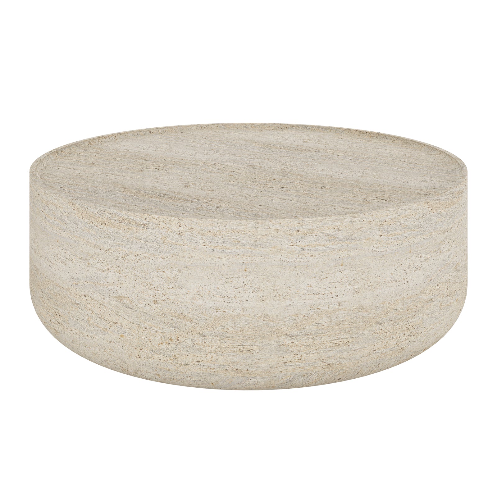 Savin & Myrtle Outdoor Sofa Set with Coffee Table features a round, light-beige stone coffee table with a flat top and rounded sides, complementing the elegant and durable outdoor furniture ensemble.