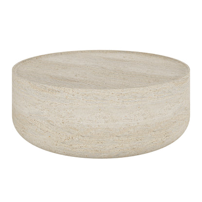 Savin & Myrtle Outdoor Sofa Set with Coffee Table features a round, light-beige stone coffee table with a flat top and rounded sides, complementing the elegant and durable outdoor furniture ensemble.