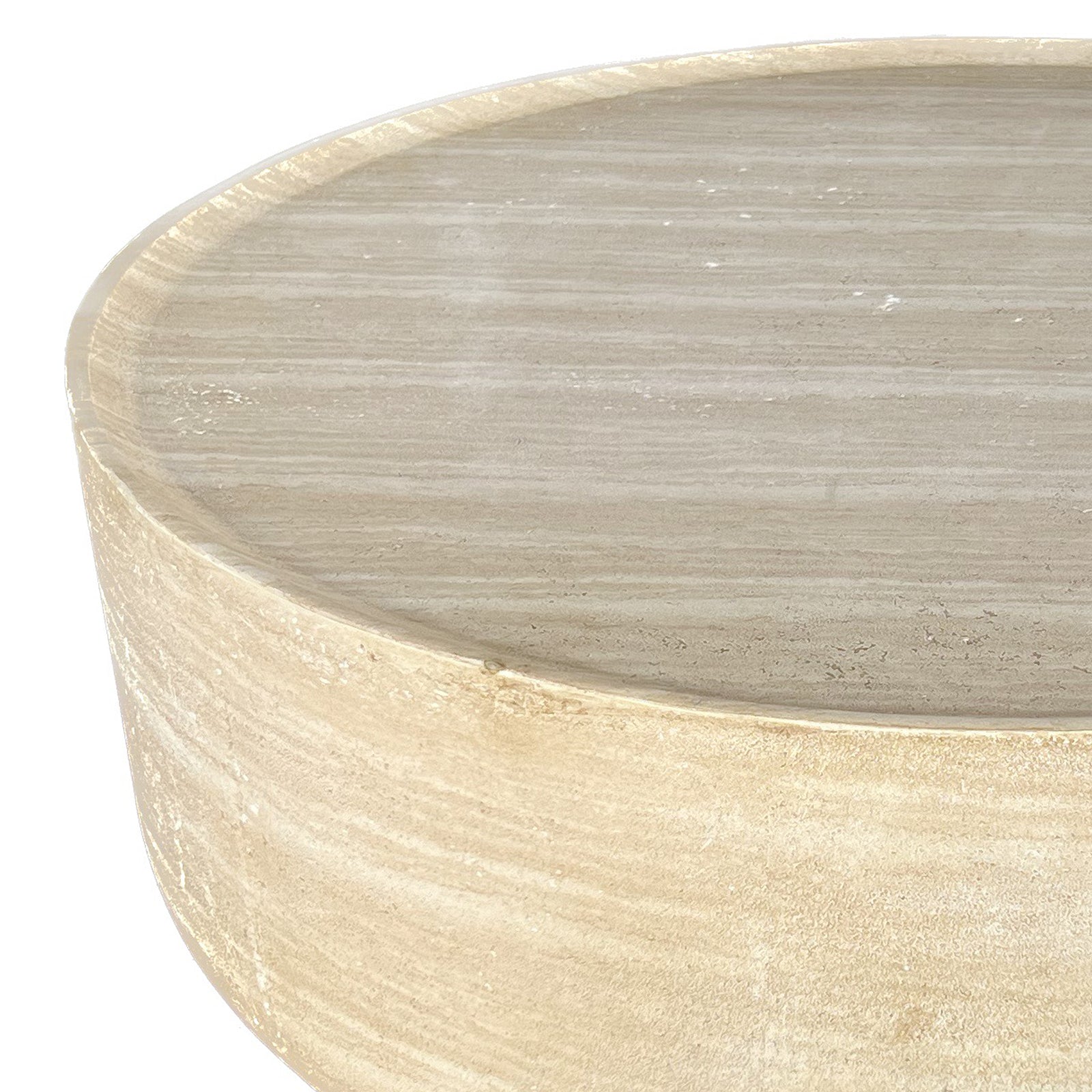 Savin & Myrtle Outdoor Sofa Set with Coffee Table in Beige features a round wooden table surface with a shallow, raised rim, part of a stylish and durable outdoor furniture ensemble.
