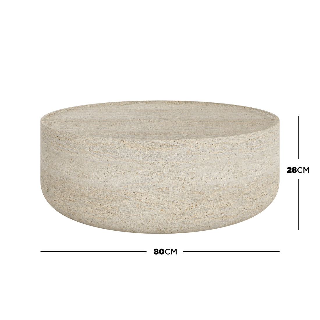 Savin & Myrtle Outdoor Sofa Set with Coffee Table in Beige features a round, sandy-beige, stone-look coffee table with a slightly raised lip, complementing the plush, beige sofa cushions.
