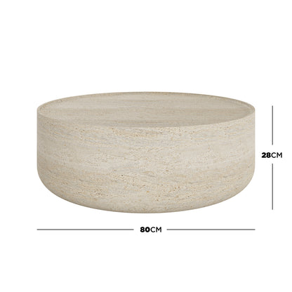 Savin & Myrtle Outdoor Sofa Set with Coffee Table in Beige features a round, sandy-beige, stone-look coffee table with a slightly raised lip, complementing the plush, beige sofa cushions.