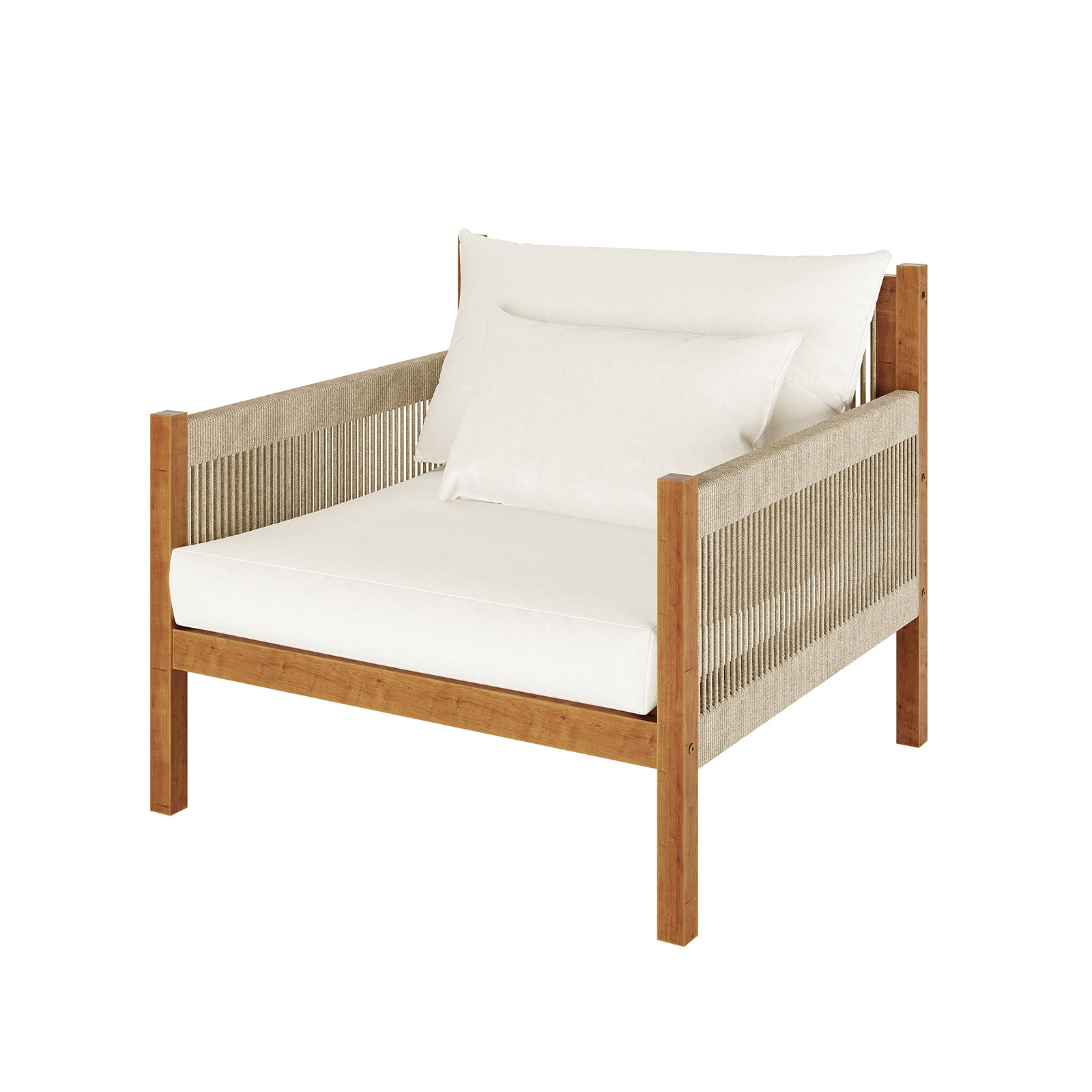Savin & Myrtle Outdoor Sofa Set with Coffee Table in Beige features a wood-framed armchair with woven-rope sides, thick off-white cushions, accompanying a sleek beige concrete coffee table.