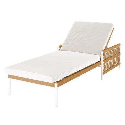 Sibutu Wicker Outdoor Sun Lounger in Light Beige with a white metal frame, woven tan rope sides, white mattress cushion, and adjustable backrest cushion, offers modern outdoor relaxation.