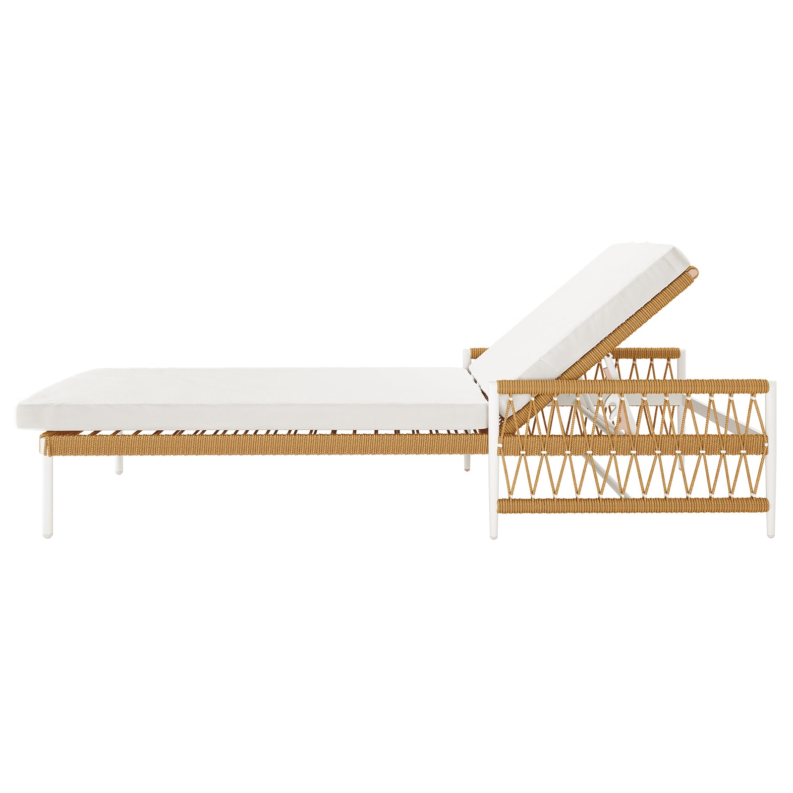 Sibutu Wicker Outdoor Sun Lounger in Light Beige features a white metal frame, woven tan rope sides, thick white cushion, and adjustable backrest for reclining or lying flat.