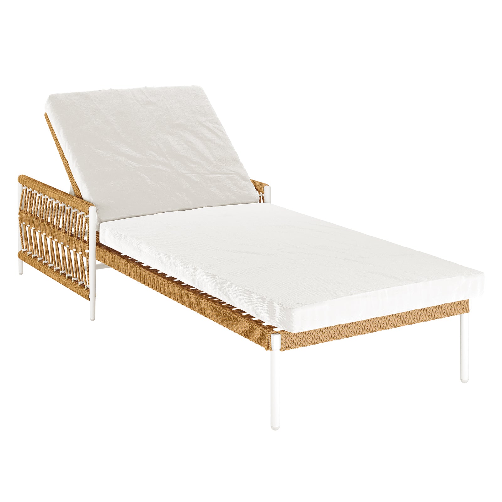 Sibutu Wicker Outdoor Sun Lounger in Light Beige features a white metal frame with woven rattan sides, topped with a long white cushion and adjustable backrest for stylish outdoor relaxation.